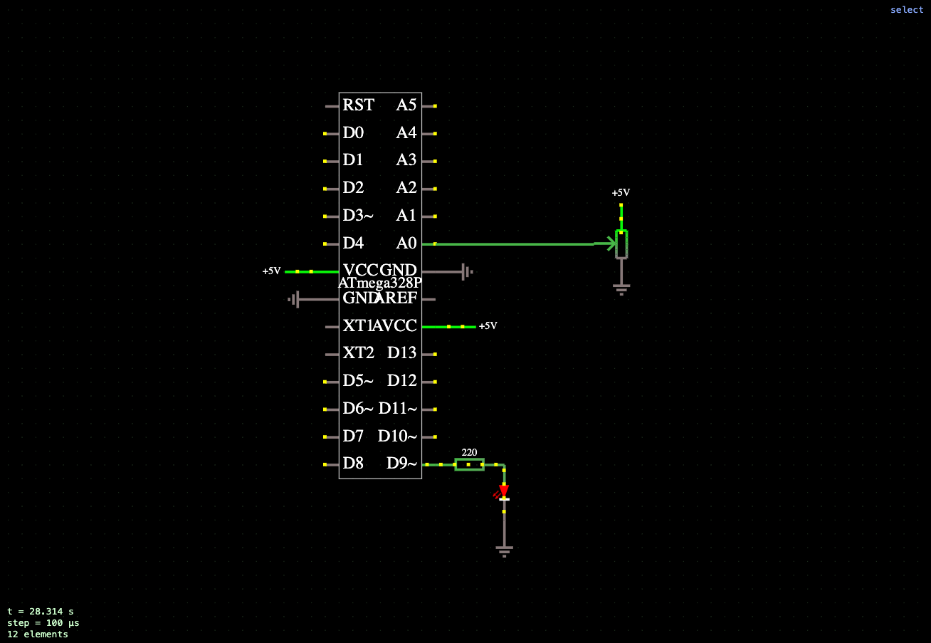 ATmega328P potentiometer-controlled LED brightness (ADC to PWM)