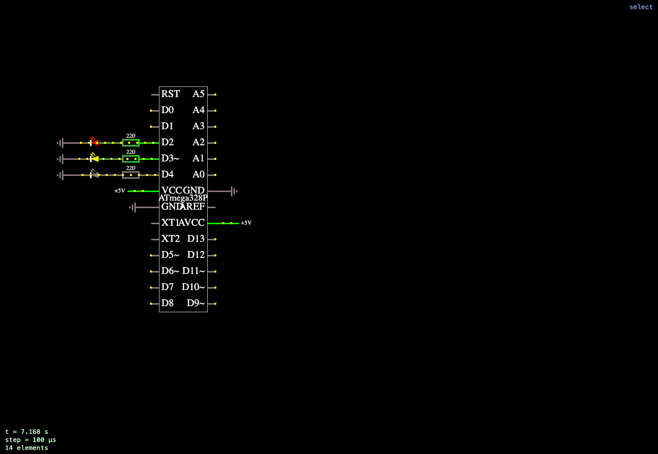 ATmega328P three-LED traffic light circuit
