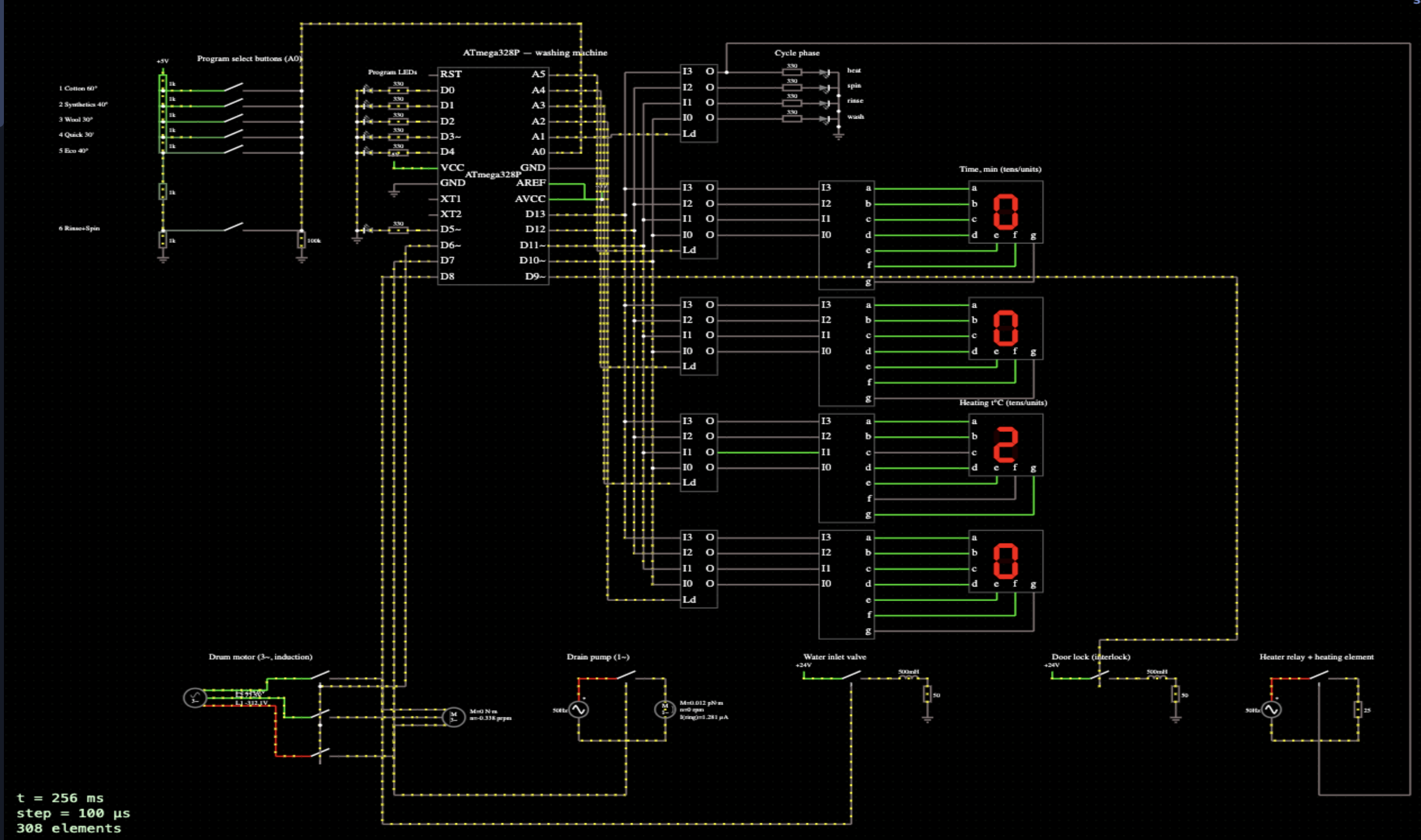 Washing machine on ATmega328P — 6 wash programs, time and temperature displays