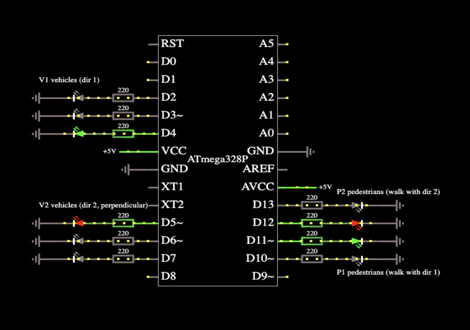 Crossroads with 4 traffic lights on ATmega328P — 2 vehicle and 2 pedestrian heads, perpendicular flows