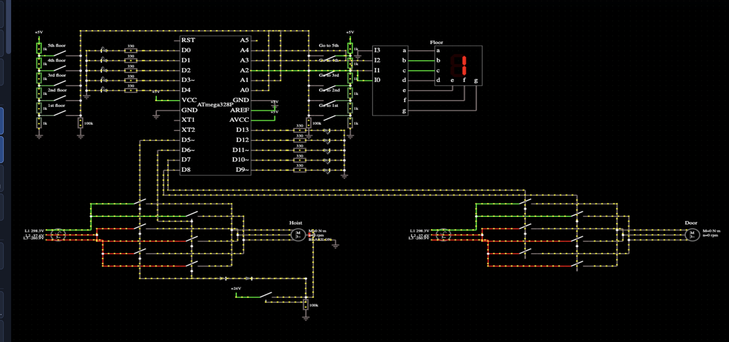 5-floor elevator on ATmega328P — memorised calls and reversing AC drives