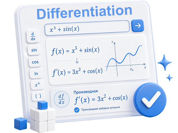 Text calculator of differentiation (search for derivative) in mathematical analysis online