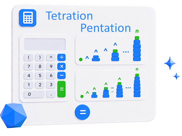 Calculator tetration and pentation, power towers online
