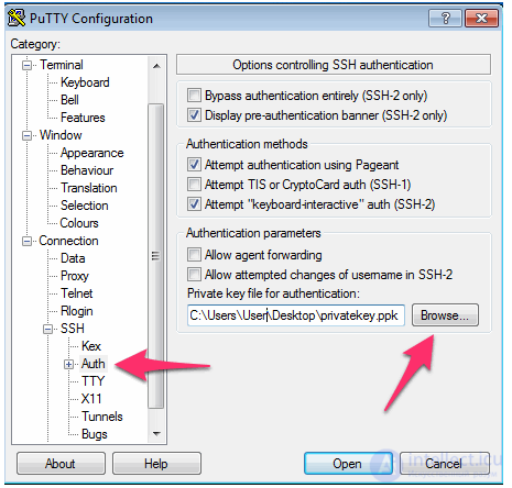 PuTTY: SSH access via an RSA key file (public and private keys)