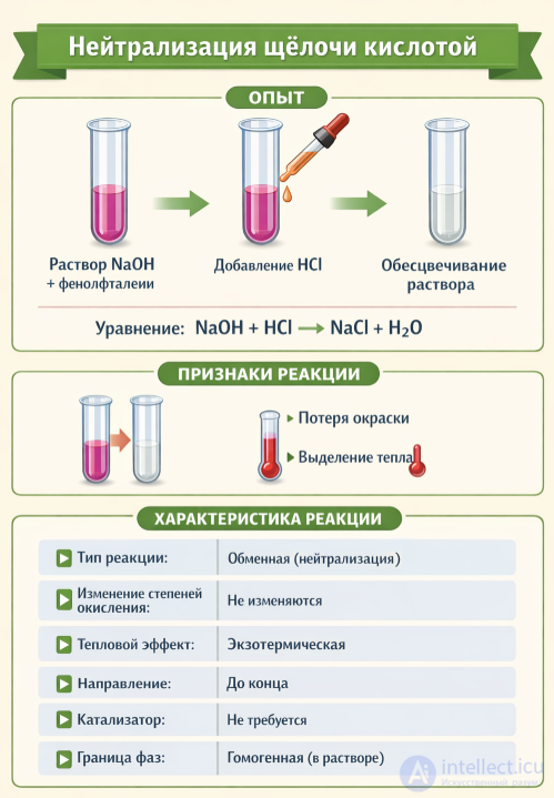 Practical work 1. Chemical reactions: the ratio of the number and composition of starting substances and reaction products, the oxidation state of atoms, the release or absorption of heat, catalysts, and phase boundaries