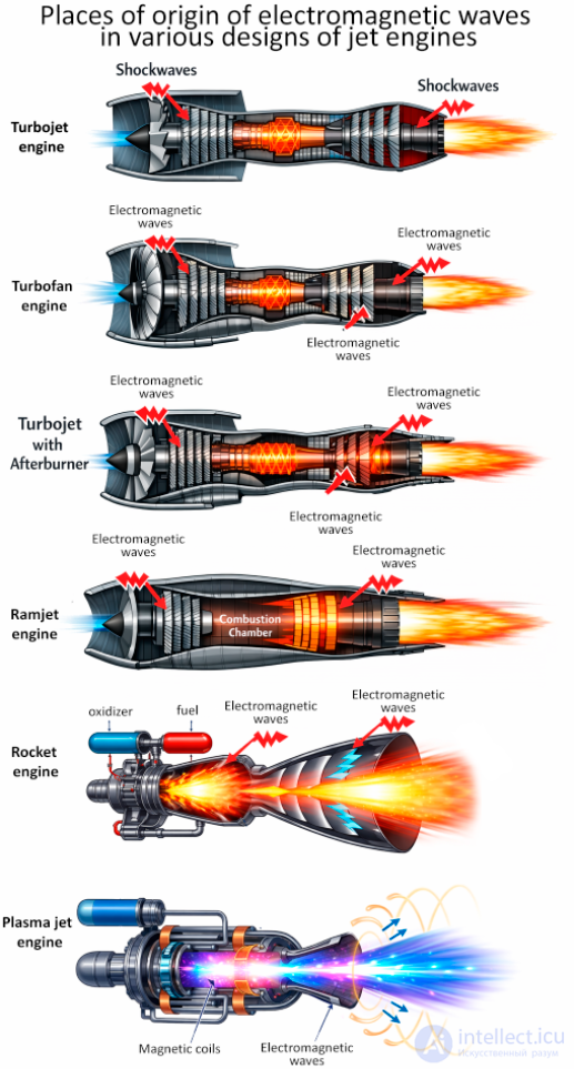 Electromagnetic radiation in a jet engine: nature, mitigation, application