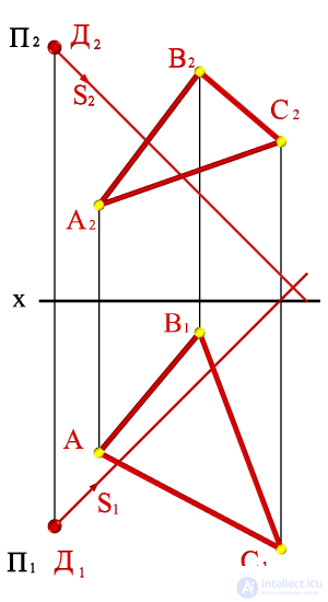   Task To build a shadow from point D on a triangle ABC. 