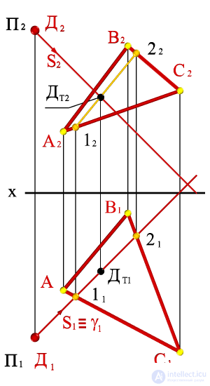   Task To build a shadow from point D on a triangle ABC. 