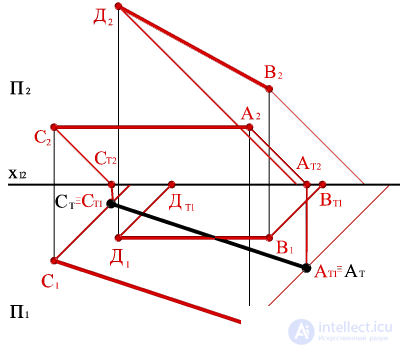   Construction of shadows of the segments parallel to the planes of the projections on the plot. 