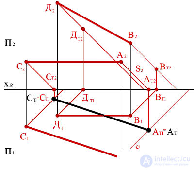   Construction of shadows of the segments parallel to the planes of the projections on the plot. 