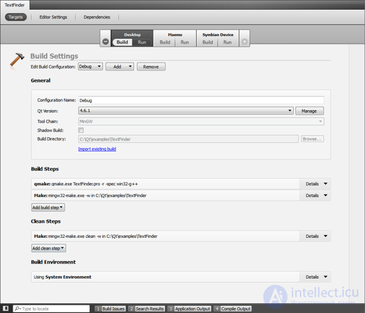 Building and running a Qt project.  Build and Run Settings