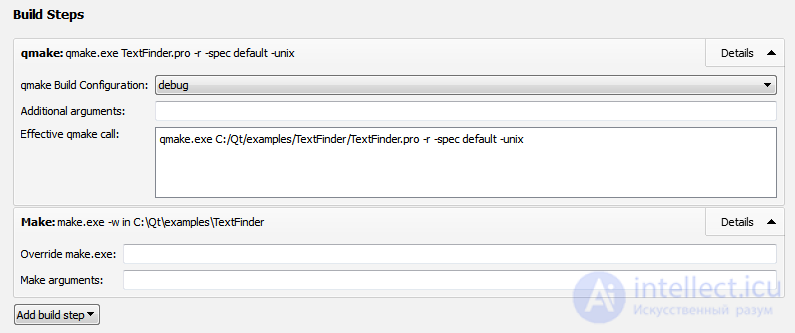 Building and running a Qt project.  Build and Run Settings