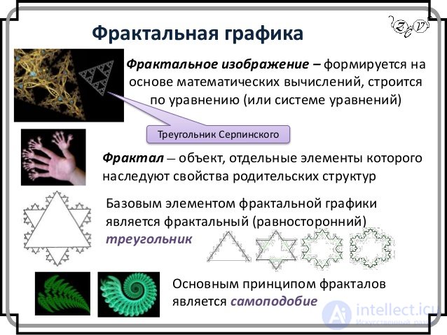 Фрактальная графика
Фрактальное изображение – формируется на
основе математических вычислений, строится
по уравнению (или ...