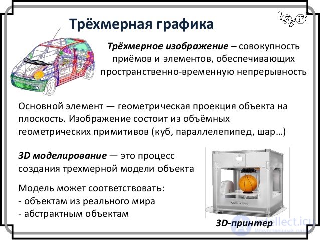 Трёхмерная графика
Трёхмерное изображение – совокупность
приёмов и элементов, обеспечивающих
пространственно-временную неп...